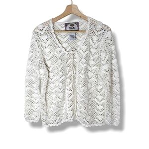Tiara International Crochet Cardigan M White Vintage Open Front Sweater